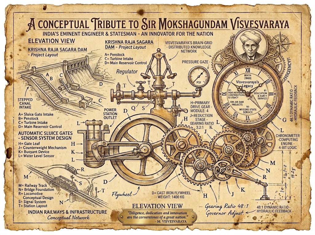A Conceptual Tribute to Sir Mokshagundam Visvesvaraya Blueprint Sketch